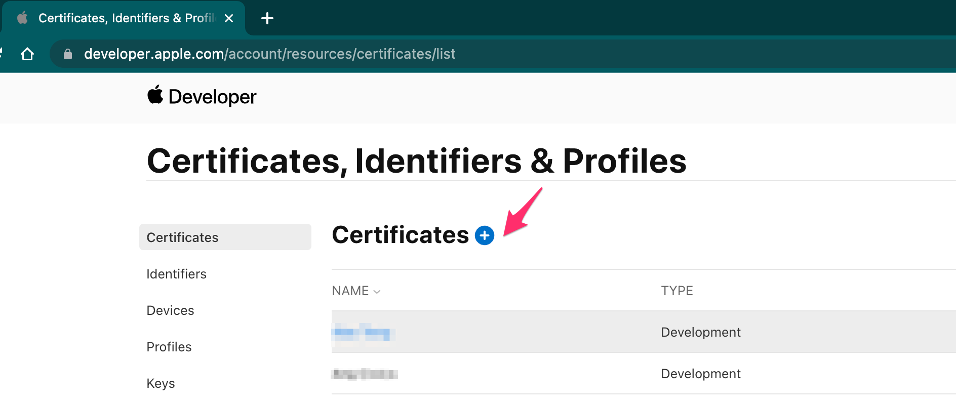 click on the plus button on create certificate page