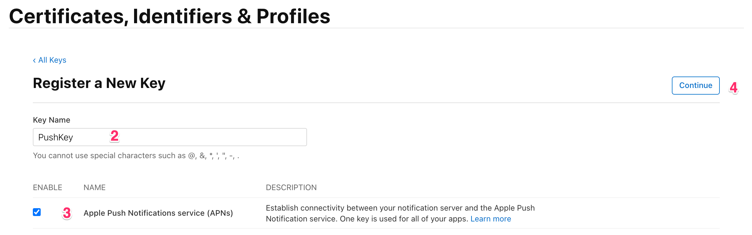 register a new Apple Push Notifications service key